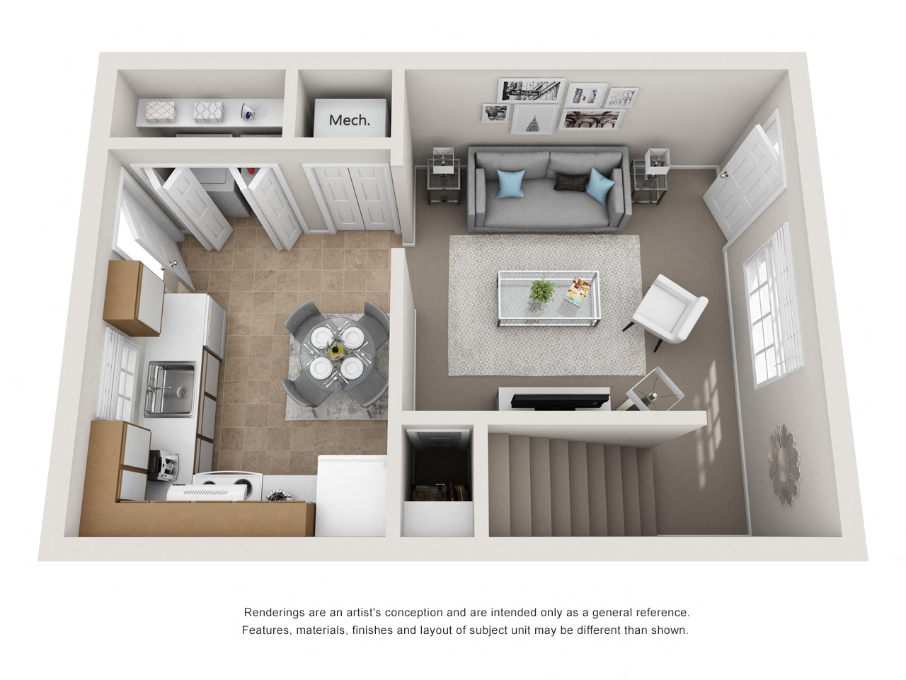 Floor plan for 1 bed, 1 bath, 628 sqft
